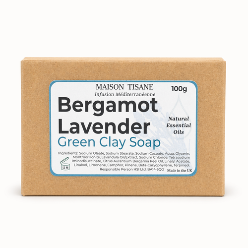 Box of Bergamot Lavender Green Clay Soap by Maison Tisane on a white background