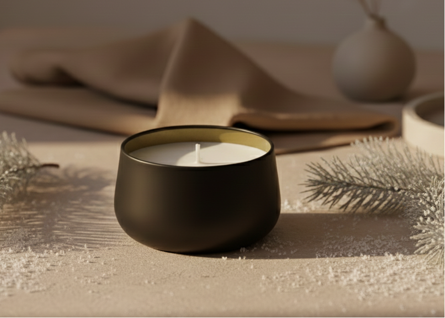 Black container with a white candle on a beige surface with decorative elements