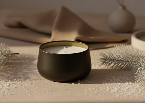 Black container with a white candle on a beige surface with decorative elements